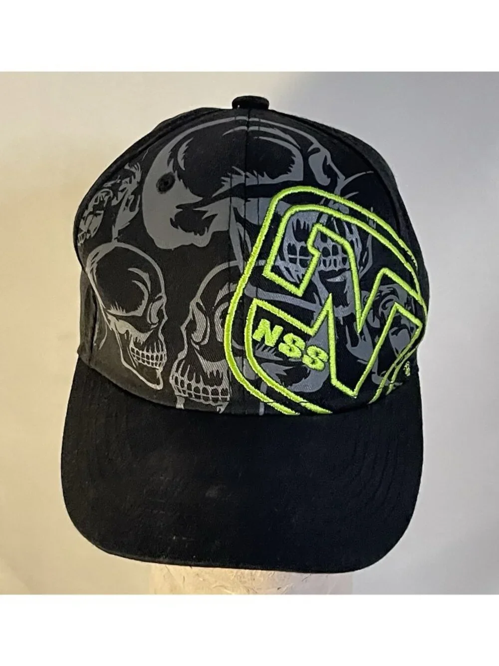 NSS Nice Skate Shoes Skull Snapback Hat Black Neon Green Skate Cap Y2K Style